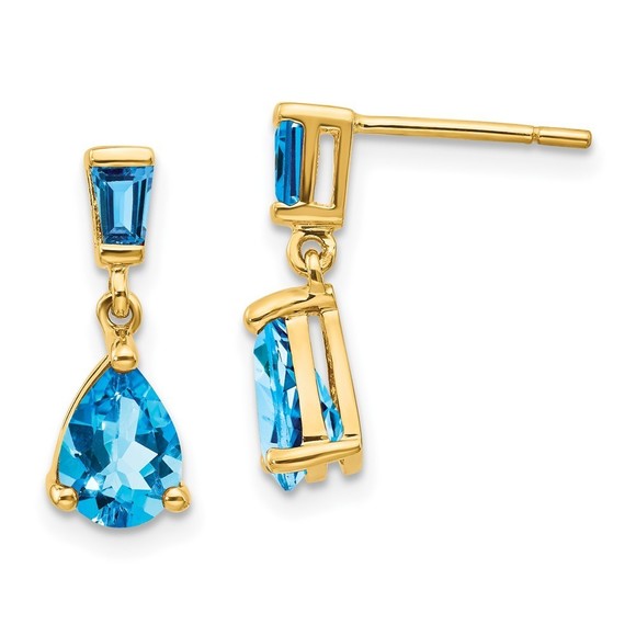 14k Gold Blue Topaz Dangle Post Earrings - Picture 1 of 4